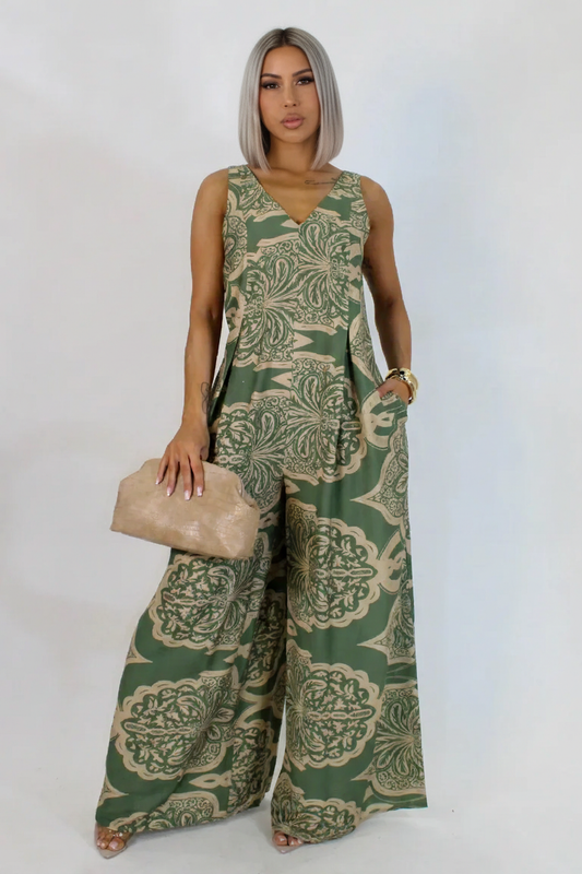 Eire Print Jumpsuit -OLIVE