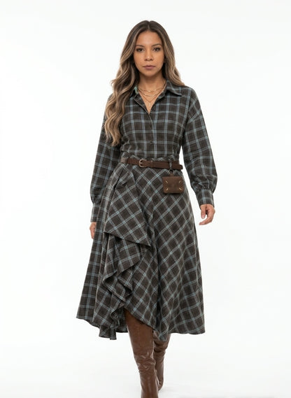 Plaid Elegance Ruffle Shirt Set